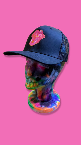 NEW* Black "DOTCOMME* TRUCKER" Hat (pink & peach)