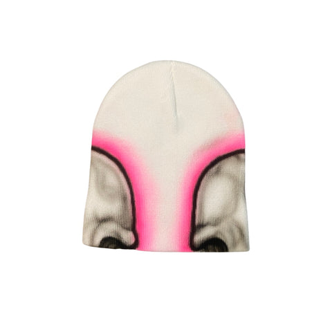 "Airbrushed Skull Beanie" White & Hot Pink