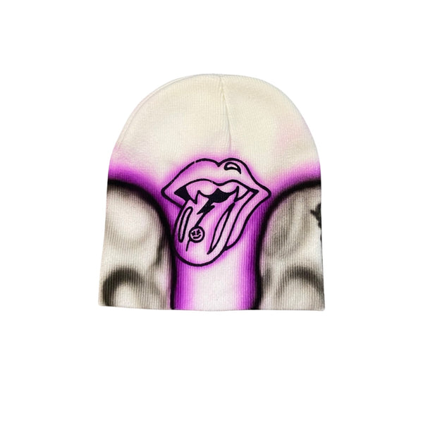 "Airbrushed Skull Beanie" White & Purple