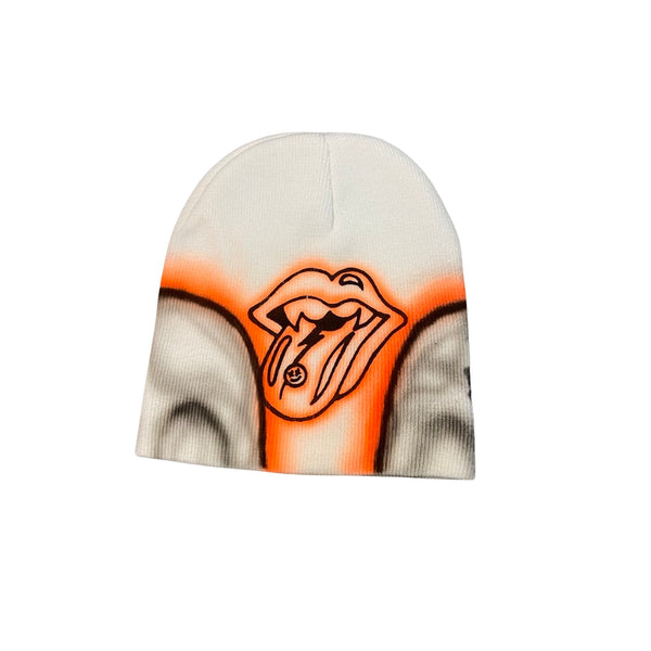 "Airbrushed Skull Beanie" White & Orange