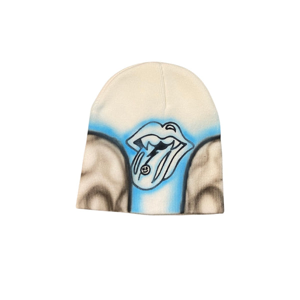 "Airbrushed Skull Beanie" White & Powder Blue