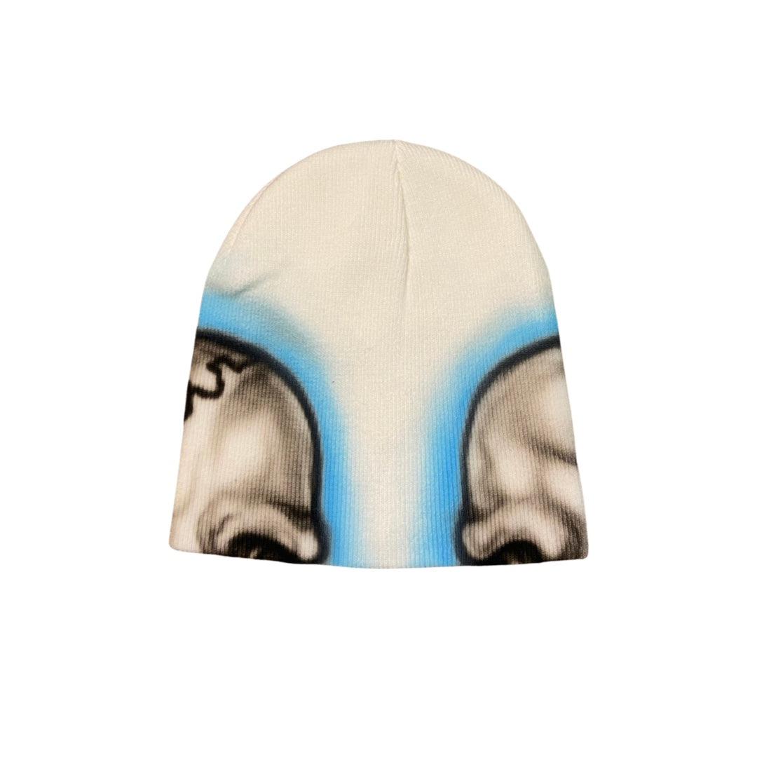 "Airbrushed Skull Beanie" White & Powder Blue